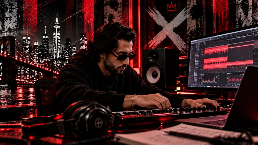 Rony Zino “Xeno” producing electronic music in a recording studio, exploring sound design and production.