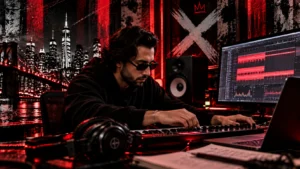 Rony Zino “Xeno” producing electronic music in a recording studio, exploring sound design and production.