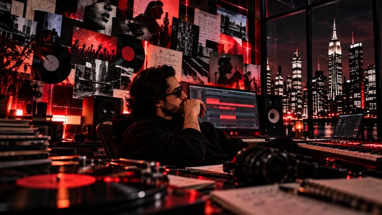 Rony Zino “Xeno” in the studio surrounded by music, songwriting and creative influences that shape his sound.
