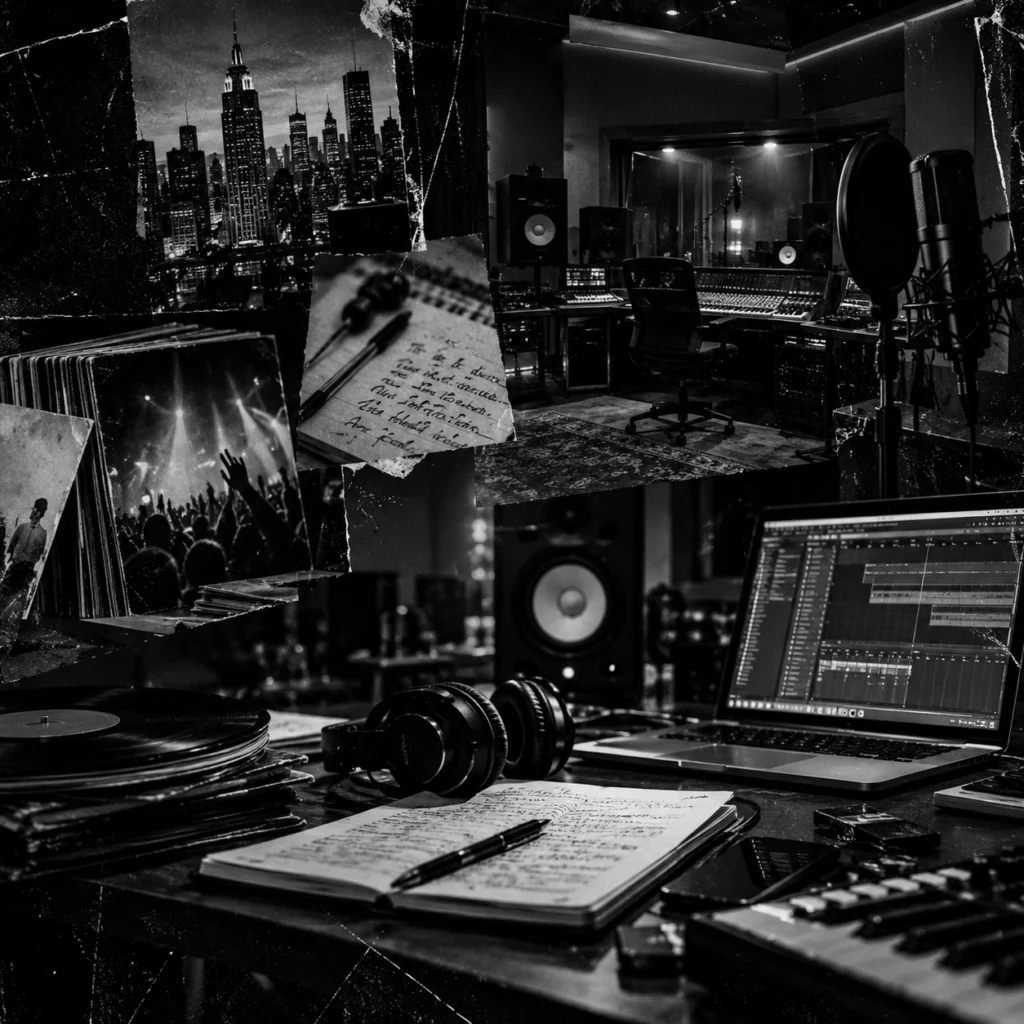 Recording studio with mixing equipment, headphones, vinyl records and songwriting notes representing Xeno’s early music journey.