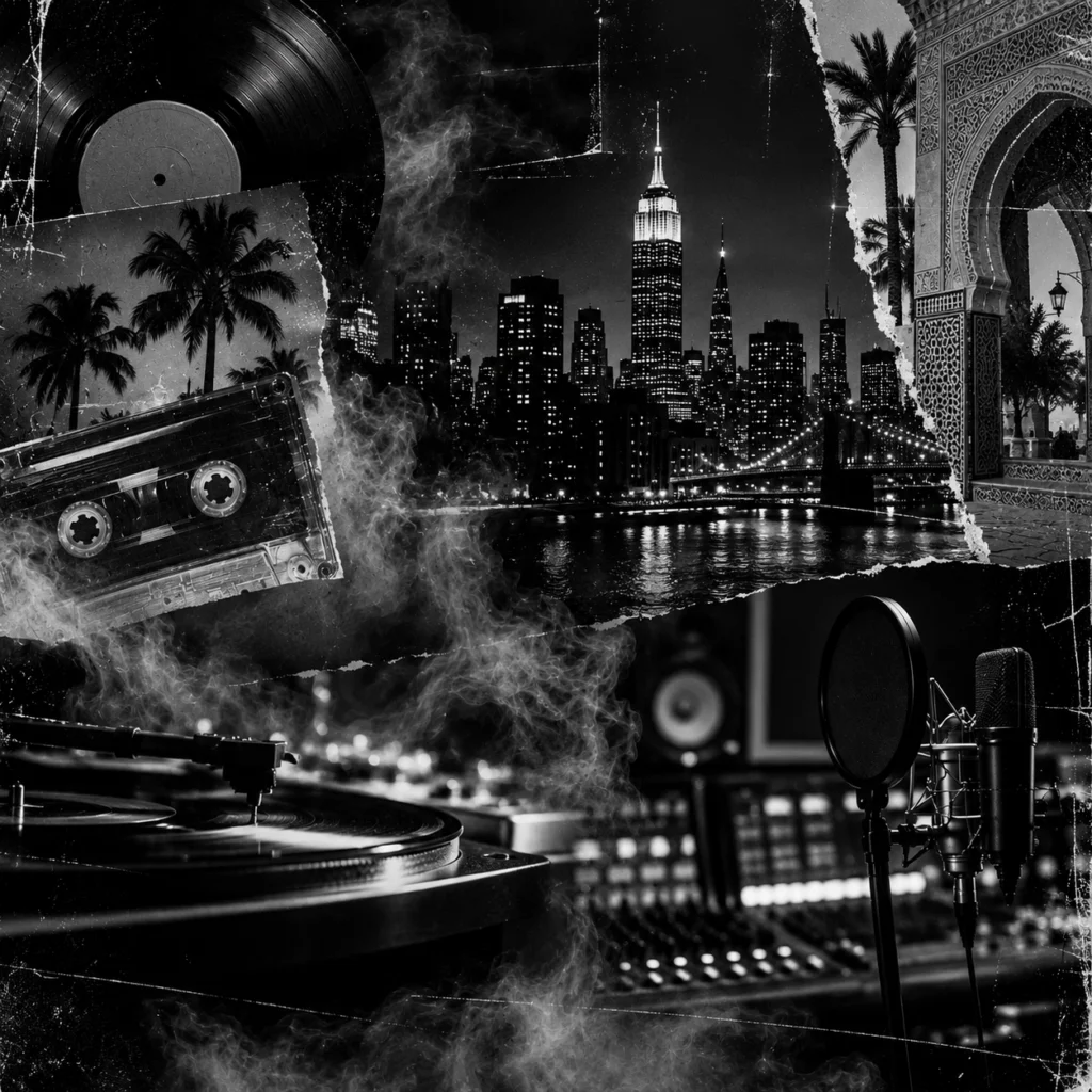 Black and white collage representing Xeno’s musical influences, featuring New York City, Moroccan architecture, vinyl, cassette tape and recording studio equipment.