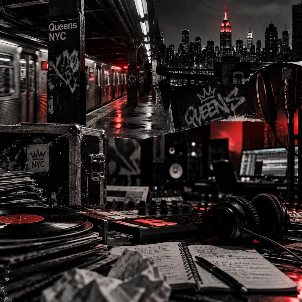 Queens NYC subway and recording studio collage representing Xeno’s early years in New York’s underground music scene.
