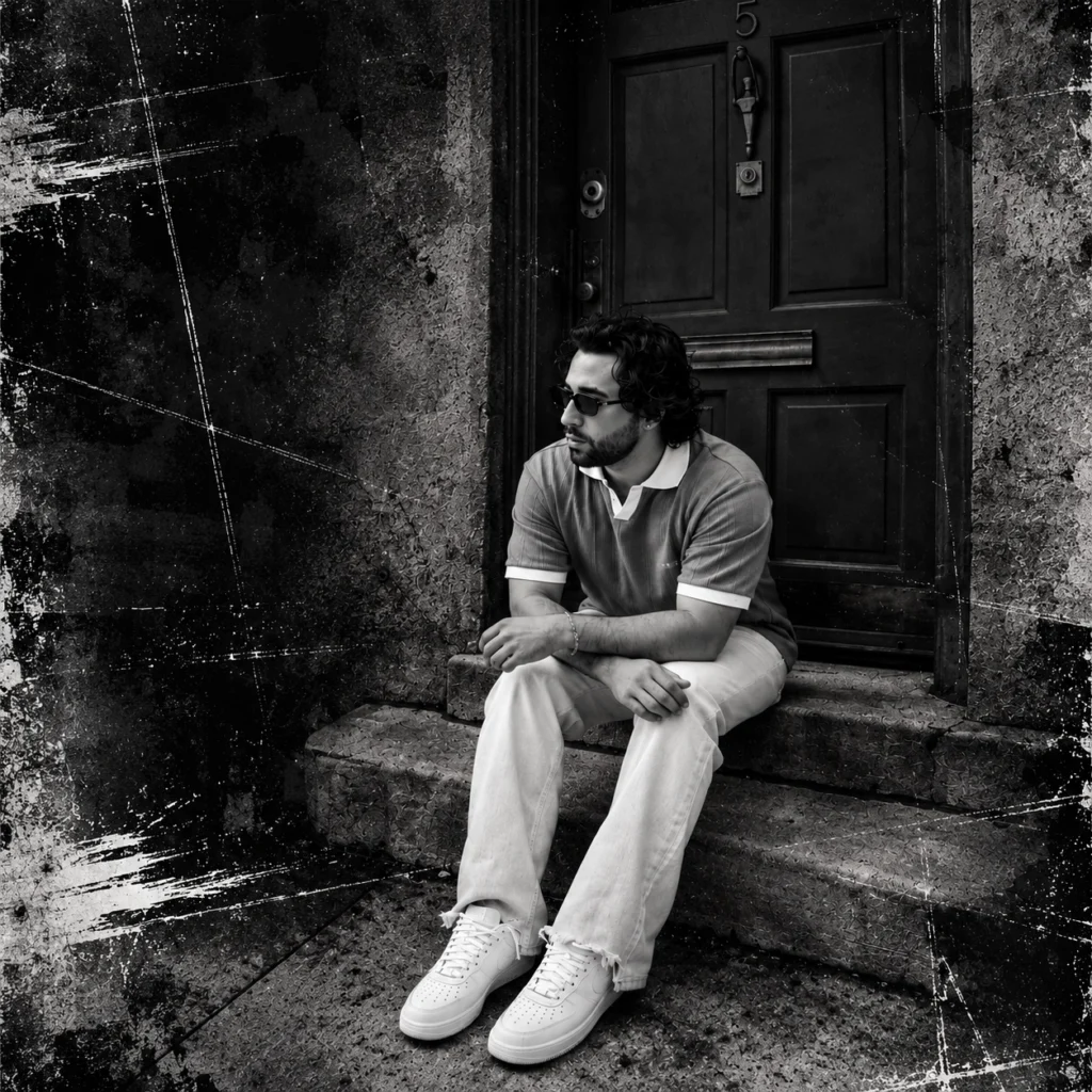 Xeno, artist and producer Rony Zino, in a black and white grunge-style portrait.